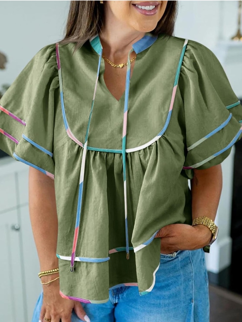 Cicy Bell Babydoll Top V-Neck Short Lantern Sleeve Peplum Blouse Army Green M - Picture 2 of 7